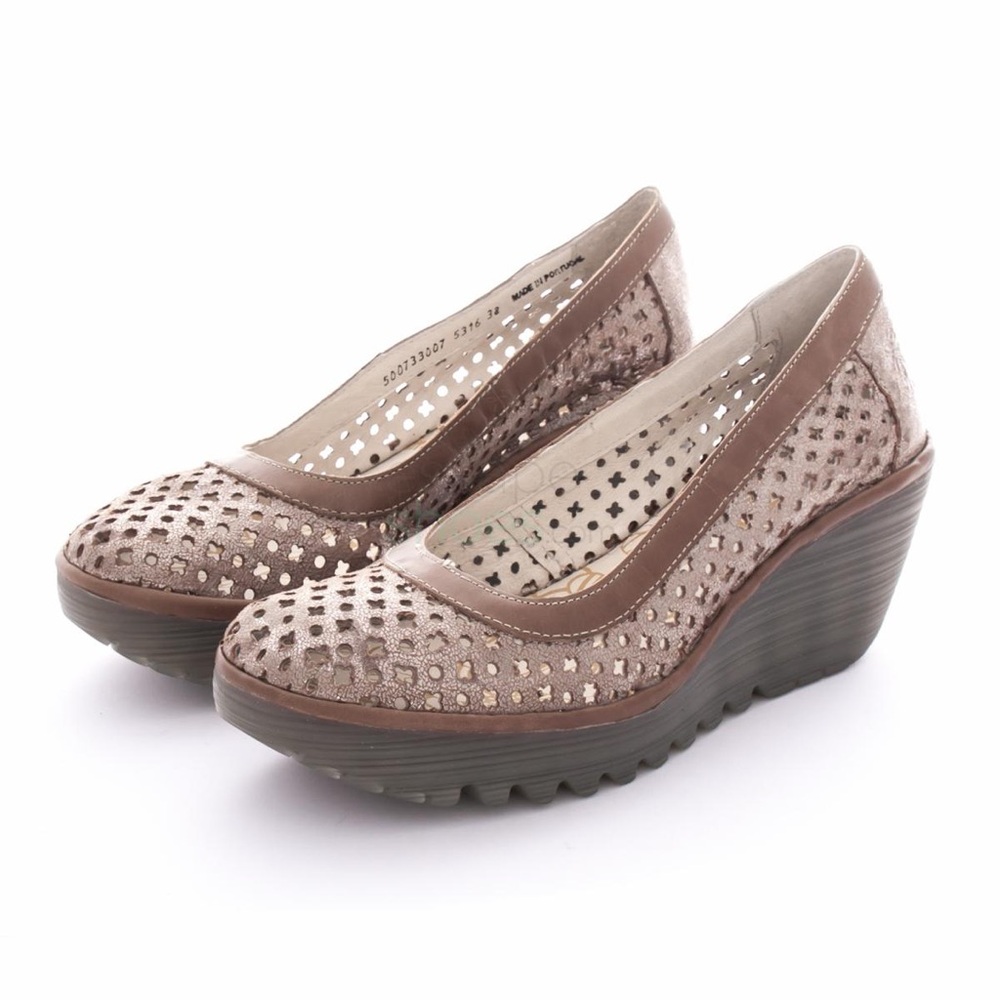 Fly London perforated, gold Wedge Shoes